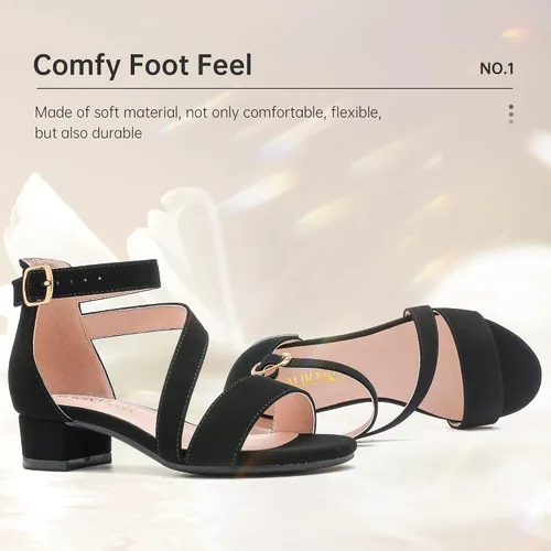Miniatura 4 de Sandalias para niñas con tacón para niños con punta abierta y correa de tobillo, zapatos de vestir con flores para bodas y fiestas para niños