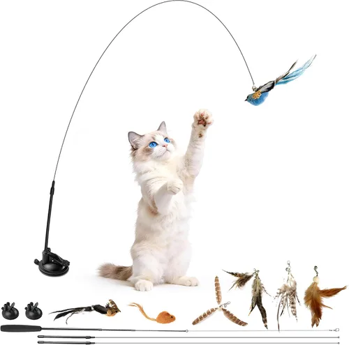 Miniatura 7 de Juego de juguetes interactivos de simulación de plumas de gato, varita retráctil para gatos, base de ventosas, incluye 7 piezas desmontables