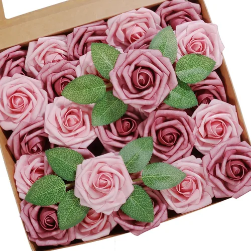 50 piezas Flores Artificiales, Rosas de Espuma de Tacto Real con Tallo DIY para Ramos de Boda Centros de Mesa Fiesta Ducha Decoración del Hogar -