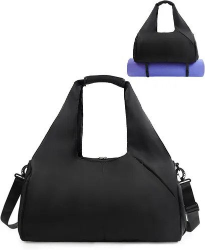 Bolsa de gimnasio para mujer con compartimento para zapatos, bolsa de esterilla de yoga con bolsillo húmedo y soporte para botella de agua, bolsa de