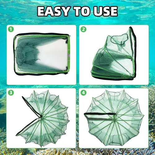 Miniatura 6 de 2 trampas plegables para cangrejos de 32 x 10 pulgadas, 10 agujeros, 10 lados, redes de pesca plegables con 2 cuerdas para pececillos, cangrejos