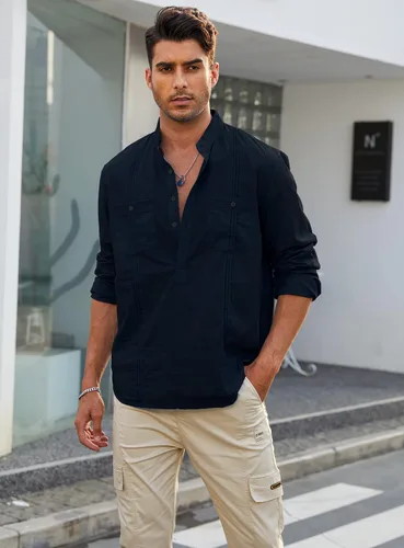 Miniatura 2 de Uiriuy Camisas Guayabera de lino con botones y manga larga para hombre