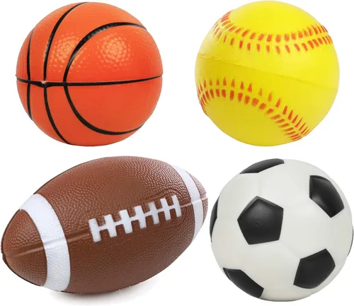 Kiddie Play Juego de 4 bolas de espuma para niños pequeños de 4 pulgadas, pelota de fútbol suave, béisbol, baloncesto y fútbol de 6 pulgadas para