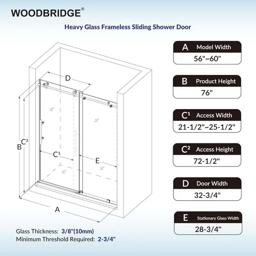 Miniatura 6 de Woodbridge Puerta de ducha sin marco de 56-60 pulgadas de ancho x 76 pulgadas de alto con vidrio templado transparente de 3/8 pulgadas en acabado