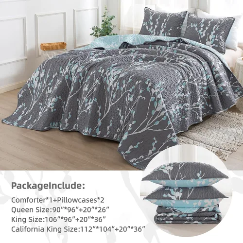Miniatura 6 de Andency Edredón tamaño King gris azul (106 x 96 pulgadas), juego de ropa de cama ligero floral de 3 piezas, colcha acolchada de microfibra