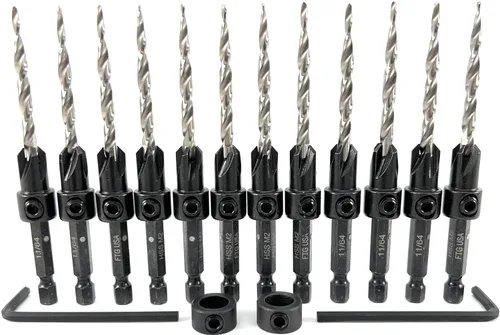 FTG USA Juego de 12 brocas avellanadoras #8 (11/64 pulgadas) con collar de tope de profundidad, llave hexagonal, brocas cónicas para madera