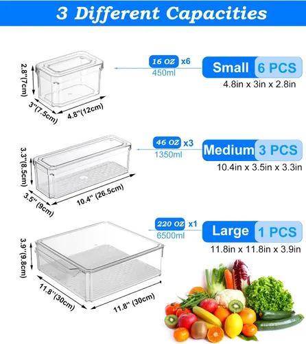 Miniatura 3 de KUMD Paquete de 10 contenedores organizadores transparentes para refrigerador con tapas, contenedores apilables para refrigerador, sin BPA