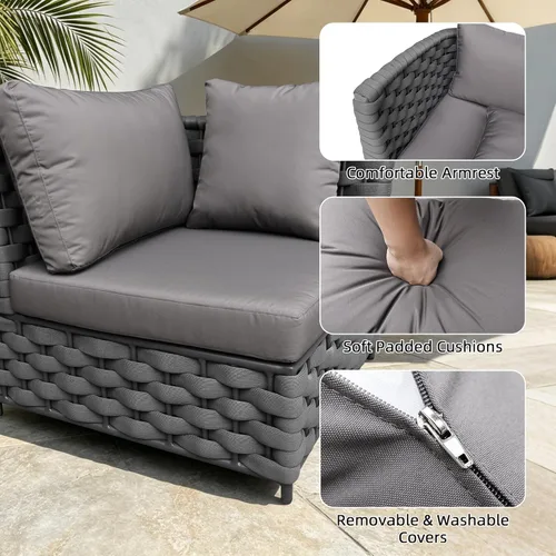 Miniatura 3 de TWT 3-Piece Woven Rope Patio Furniture Set, 2 Outdoor Armchairs with Soft Cushions + Round Aluminum Coffee Table, All-Weather Conversation Set for