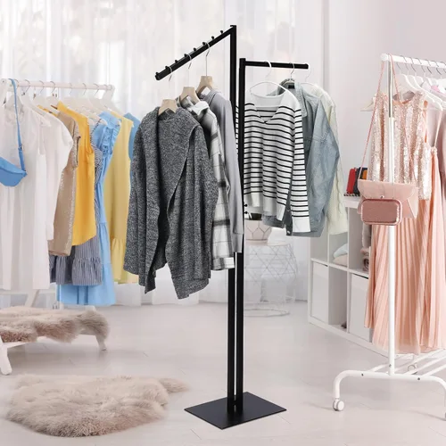 Miniatura 5 de Ripeng Perchero de ropa de 2 vías con brazos rectos e inclinados, perchero de ropa resistente para restaurantes minoristas, pantalla de Negro