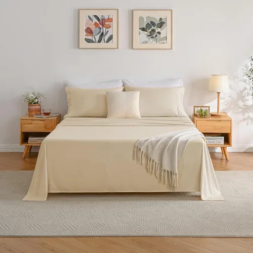 Miniatura 3 de Yibeizi Juego de sábanas beige tamaño Queen, estilo hotel de lujo, juego de sábanas bajeras de bolsillo extra profundo, sábanas de microfibra