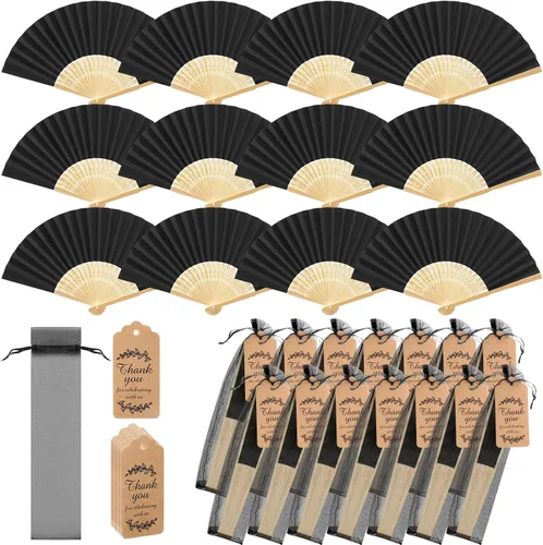 Miniatura 12 de Roowest Paquete de 50 abanicos plegables de papel hechos a mano con bolsas de regalo, tarjeta de agradecimiento, ventilador plegable de mano de Beige