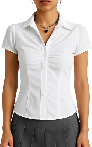 SUNNOW Blusa plisada de manga corta con botones en el pecho para mujer, blusa casual