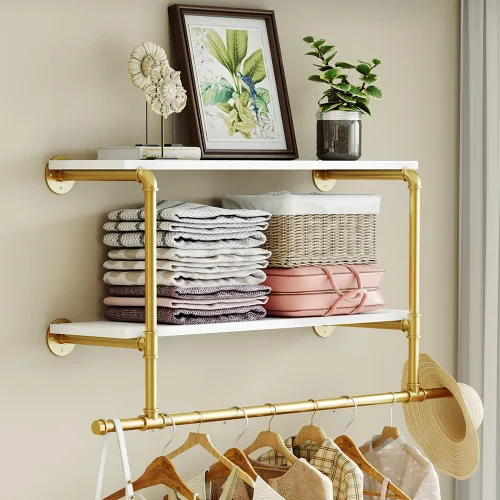 Miniatura 9 de Perchero Industrial de Tubería con Estante de Madera, Perchero de Ropa Montado en la Pared de 42 Pulgadas con Barra Colgante para la Lavandería