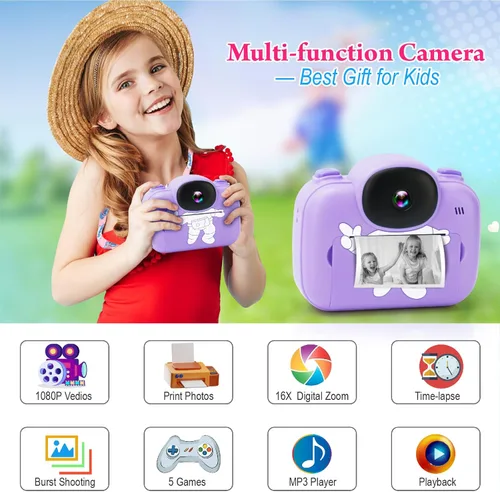 Miniatura 2 de Cámara de impresión instantánea para niños, cámara digital instantánea para niños de 3.5 pulgadas con fotos y videos HD de 1080P, regalos
