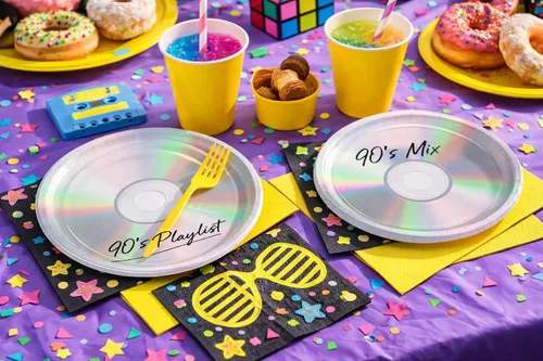 Miniatura 2 de HOME & HOOPLA Suministros para fiestas de los años 90, platos redondos de papel para cena y postre con servilletas de neón (32 platos y servilletas)