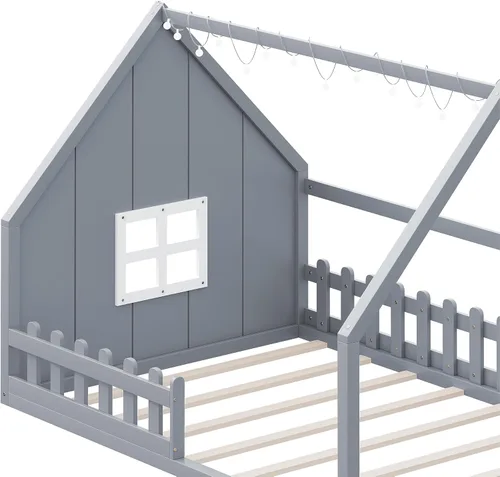 Miniatura 4 de Polibi Cama de casa de tamaño completo, marco de cama de piso de madera con ventana y valla para niños, gris