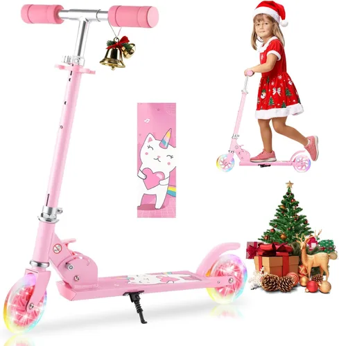 Patinete para niños de 3 a 12 años - Patinetes para niños con ruedas LED iluminadas y manillar ajustable en 3 niveles, patinete rosa plegable y