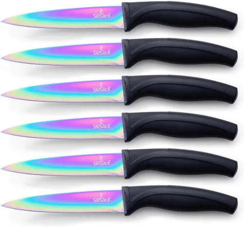 Miniatura 15 de SiliSlick Juego de cuchillos para carne de acero inoxidable, cuchillos de cocina coloridos con revestimiento de titanio con borde recto, suave