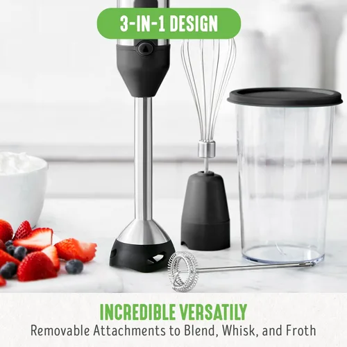 Miniatura 2 de GreenLife Batidora de mano eléctrica de inmersión de 500 vatios con cuchillas de acero inoxidable, batidor, espumador, taza y tapa medidora, sopas