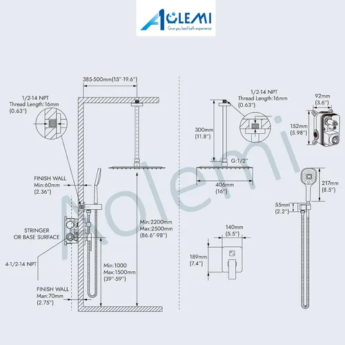 Miniatura 6 de Aolemi Sistema de ducha de montaje en techo de 16 pulgadas, cabezal de ducha de lluvia negro mate con 3 funciones, rociador de mano ABS para baño