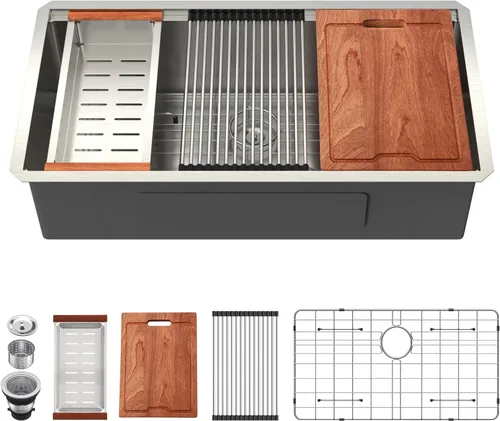 Miniatura 27 de Lordear Fregadero de cocina de montaje inferior de 23 pulgadas, estación de trabajo, fregadero de cocina de acero inoxidable calibre 16, cuenco