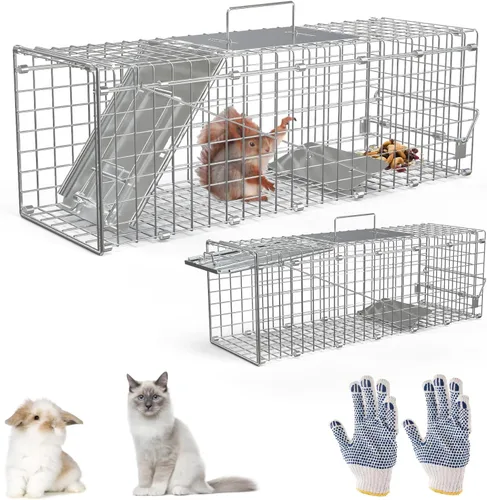 Miniatura 17 de Trampa de jaula de animales vivos de 31 pulgadas, trampa plegable resistente para gatos callejeros, mapaches, ardillas, zorrillos, marmotas, topos