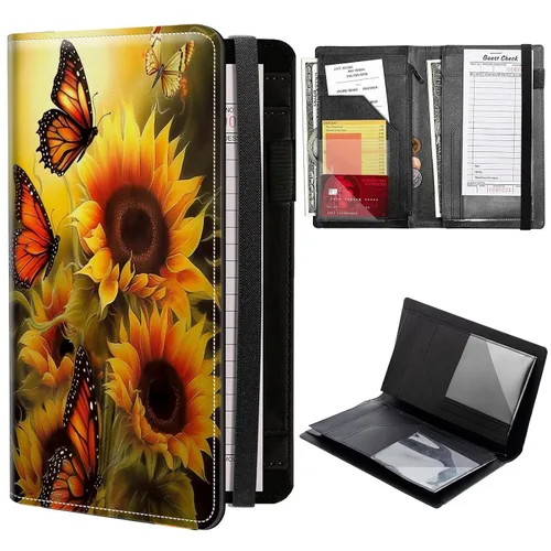 Libros de servidor de girasol de mariposa dorada para camarera, cartera de cuero sintético con cierre de vendaje elástico, organizador con bolsillo