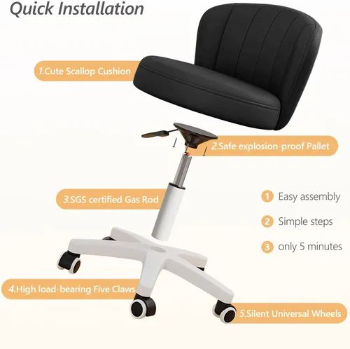 Miniatura 4 de Silla de escritorio pequeña festoneada con respaldo, bonita silla de tocador enrollable sin brazos con piel sintética, cómodas sillas de oficina