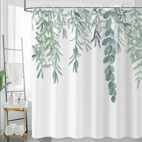 Miniatura 44 de Cortina de ducha de eucalipto, hojas verdes de acuarela en la parte superior con cortina de baño floral, decoración de baño para bañera, tela Hoja
