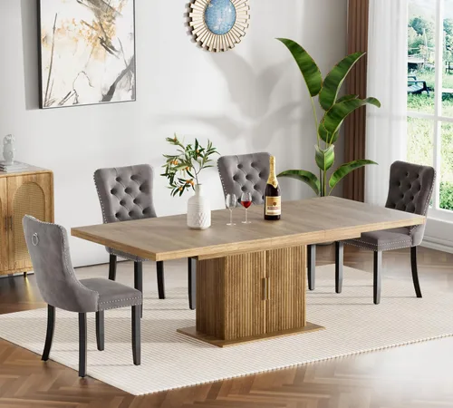Miniatura 37 de Juego de mesa de comedor extensible de 5 piezas, juego de mesa de comedor extensible de estilo granja para 4, mesa de cocina expandible de madera