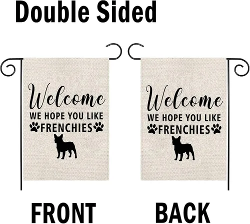 Miniatura 2 de PWHAOO Bandera de jardín de Frenchie Bandera de bulldog francés, bandera de bienvenida con texto en inglés "Welcome We Hope You Like Frenchies F