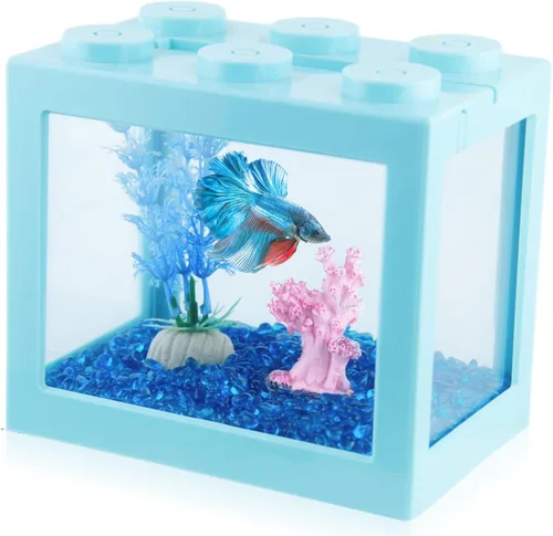 Miniatura 11 de Pequeño tanque de peces Betta, mini tanque apilable de pecera, kit de tanque de acuario rectangular de 3/5 galones con decoración de grava
