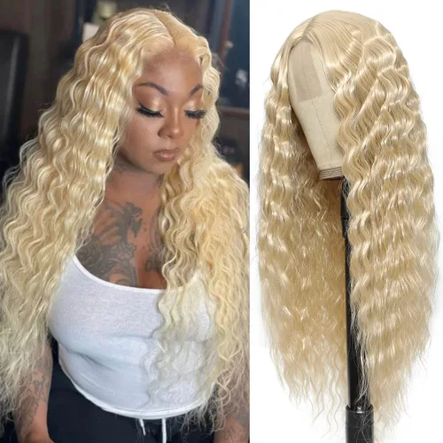Peluca rizada sintética de 28 pulgadas de color rubio miel, pelucas rubias con encaje frontal para mujer, pelucas largas con rizos tipo deep wave,