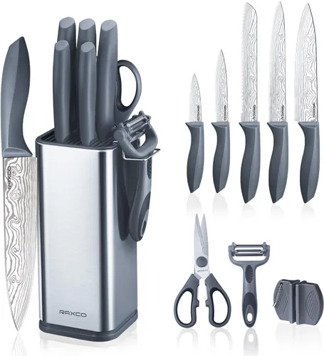 RAXCO Juego de cuchillos de cocina de 10 piezas | Soporte de acero inoxidable | Diseño compacto - Gris Damasco.