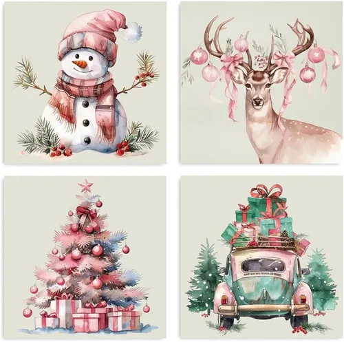 Miniatura 2 de Arte de Lienzo de Pared de Navidad Rosa - Juego de 4 Muñeco de Nieve, Ciervo, Árbol de Navidad y Camión Póster de Arte de Navidad - Pintura Estética