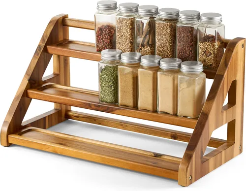 Tinamo Estante de especias de madera de acacia para encimera, bandeja de madera con capacidad para 24 frascos, organizador de especias para estante