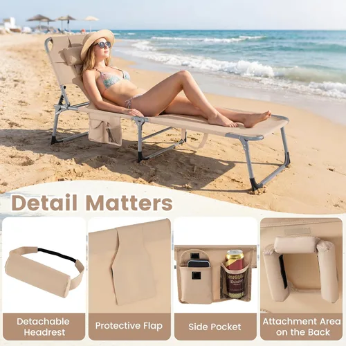 Miniatura 8 de COSTWAY Silla de salón plegable de playa, silla de bronceado con agujero para la cara, respaldo ajustable de 5 posiciones, almohada y bolsillo