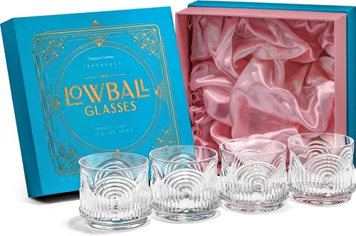GLASSIQUE CADEAU Vasos de Cóctel Lowball Vintage Art Deco de los años 1920 | Juego de 4 | Cristalería Old Fashioned de Cristal de 9 oz para Beber
