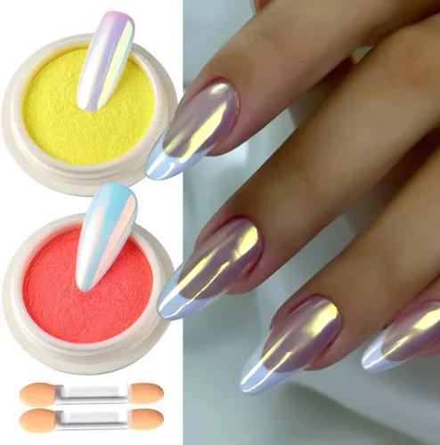 2 frascos de polvo de uñas cromado, rojo y dorado, aurora iridiscente, polvo de frotamiento fino cromado brillante, pigmento de efecto espejo