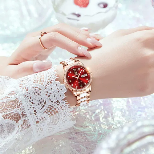 Miniatura 2 de OLEVS Relojes de oro rosa para mujer correa de acero inoxidable de cerámica reloj mecánico automático calendario de puntero luminoso impermeable
