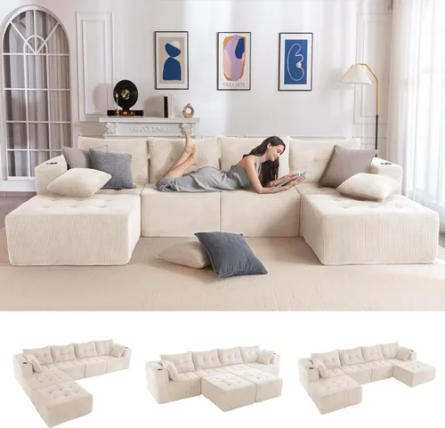 MAXYOYO Sofá modular, moderno en forma de U con 2 otomanas, sofá en una caja, silla copetuda de 6 asientos sin hueso para sala de estar, no requiere
