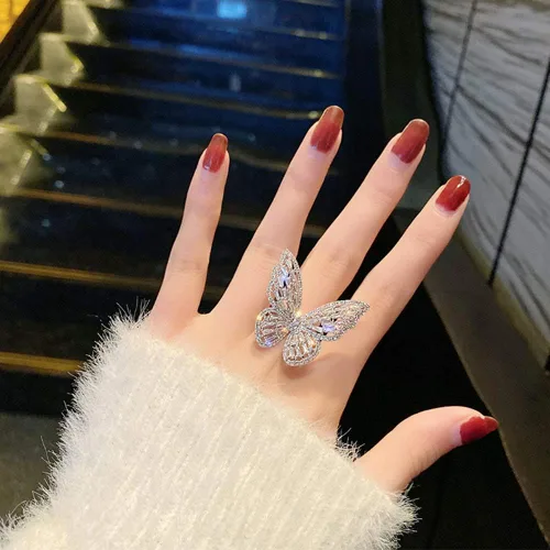 Miniatura 3 de Aimimier - Anillo de mariposa con circonita cúbica, anillo de nudillos de cristal brillante, joyería de boda para mujeres y niñas (plateado)