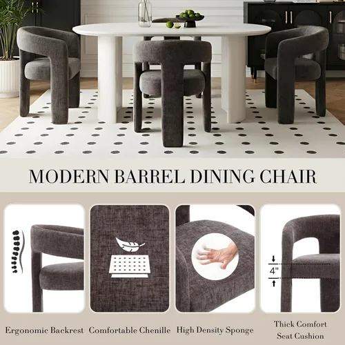 Miniatura 4 de Silla de Comedor Moderna de Chenilla Tipo Barril Tapizada en Tela, Silla de Comedor con Brazo, Cómoda Silla Auxiliar de Acento para Cocina/Sala