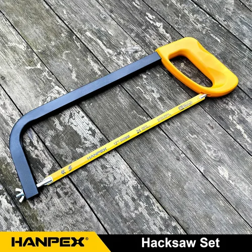 Miniatura 5 de Hanpex Marco de sierra para metales de alta tensión de 12 pulgadas con 5 cuchillas extra bimetálicas, sierra de mano adecuada para metal, madera