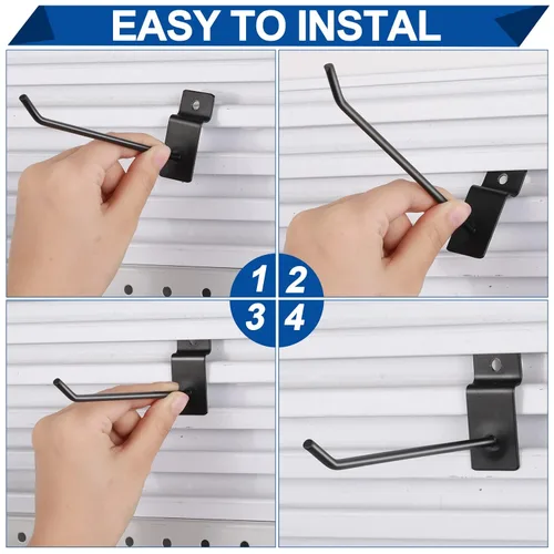 Miniatura 4 de Moxweyeni Paquete de 100 ganchos para paneles de pizarra, accesorios de clavijas resistentes para colgar, soportes de metal para garaje, tienda Negro