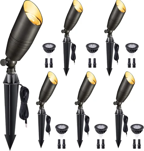 Miniatura 11 de Gardenreet Focos de paisaje de bajo voltaje - Luz superior LED de latón 12V para exterior, luces focales cableadas IP65 impermeables, enfoque