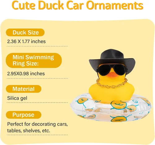 Miniatura 6 de wonuu Pato de Goma para Automóvil, Decoración de Pato Amarillo para Tablero con Sombrero de Sol, Anillo de Natación, Collar, Gafas de Sol