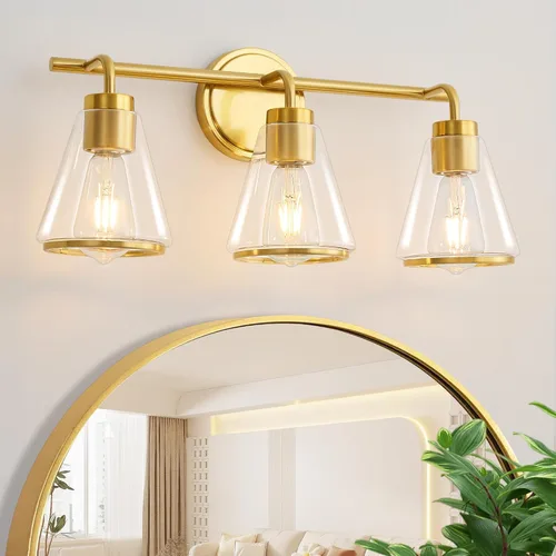 Miniatura 20 de Accesorios de iluminación de baño sobre espejo Luces de tocador doradas de 2 luces con pantalla de vidrio transparente de 14 pulgadas Luces