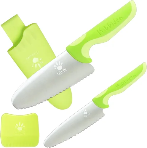 Miniatura 10 de Kibbidea Juego de cuchillos para niños, 4 cuchillos de cocina seguros para niños, punta redonda, sin BPA, acero inoxidable, azul