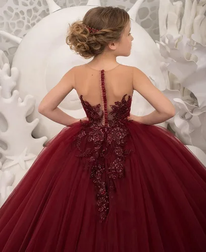 Miniatura 2 de Precioso vestido de niña de flores de tul para niños de boda con cuentas princesa sin mangas vestidos de baile